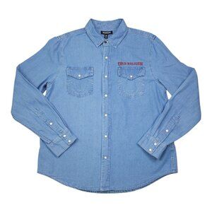 True Religion Light Blue Chambray Long Sleeve Shirt M Snaps Denim Chest Pockets